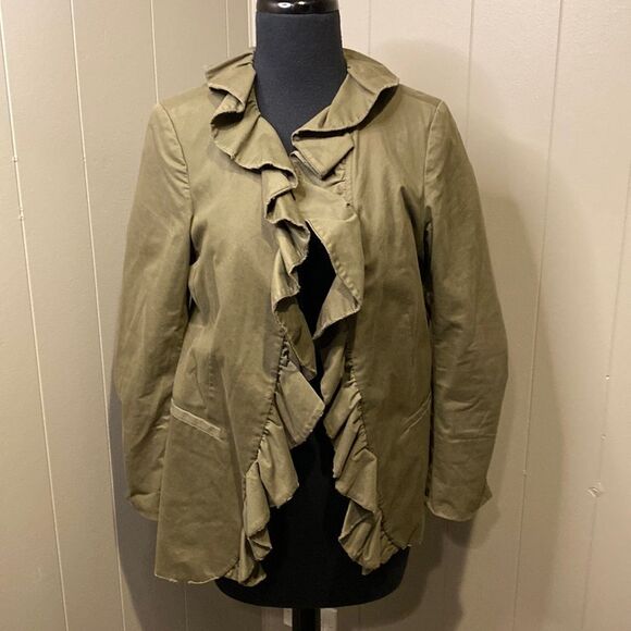 Alice + Olivia Dark Olive Blazer Medium Ruffle Embellishment & Stand Collar - Picture 4 of 11